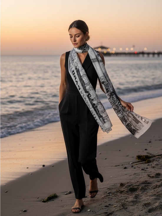 Accessories - Paris 100% Silk Sheer Landmark Print Oblong Scarf Black Ivory 20x70